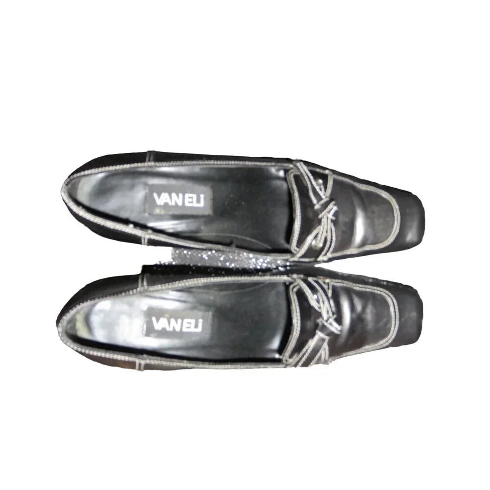 Vaneli Gelise Black Italian Calf Leather Square Toe Bow Embellished Loafer sz 8